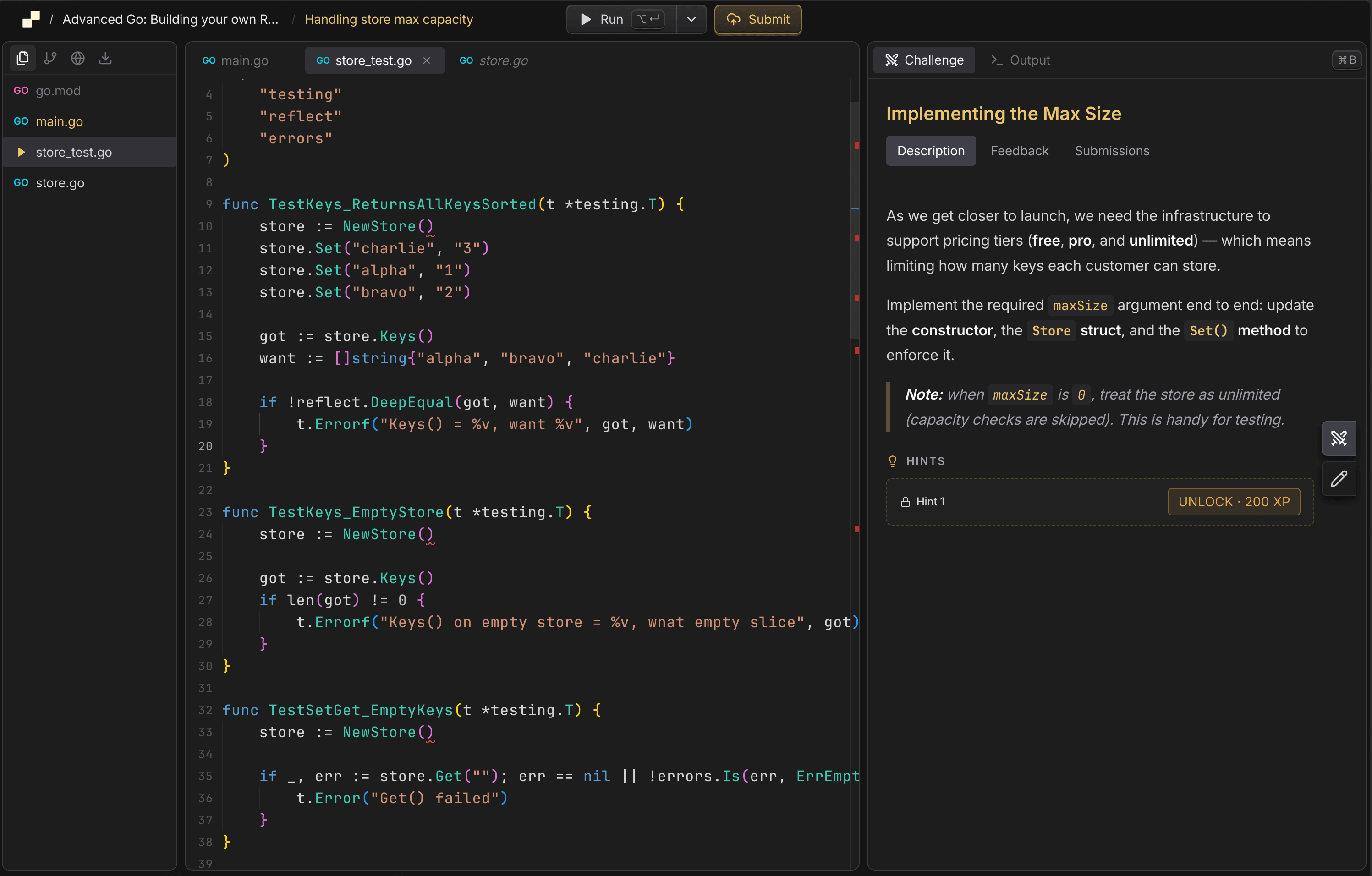 A workshop step with the challenge panel, hints and the editor side by side
